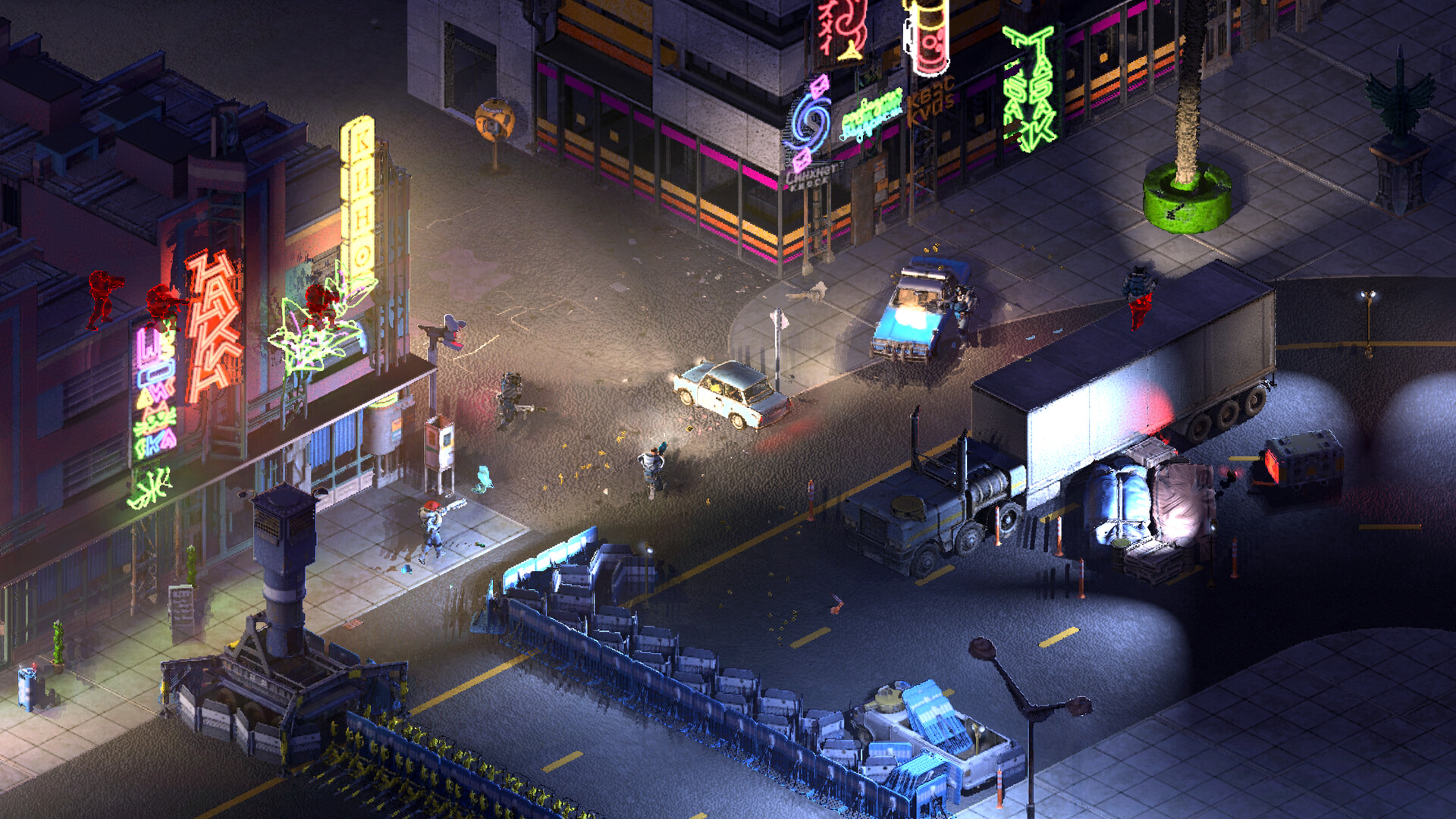 An isometric Brigador Killers street battle with infantry and several vehicles under neon signs.